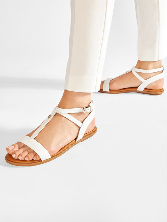 Tommy Hilfiger Sandały Tommy Hilfiger Feminine Leather Flat Sandal FW0FW05628 Biały
