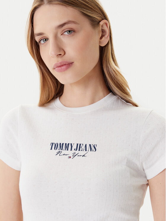 Tommy Jeans Tommy Jeans Majica Logo Pointelle DW0DW20899 Écru Slim Fit
