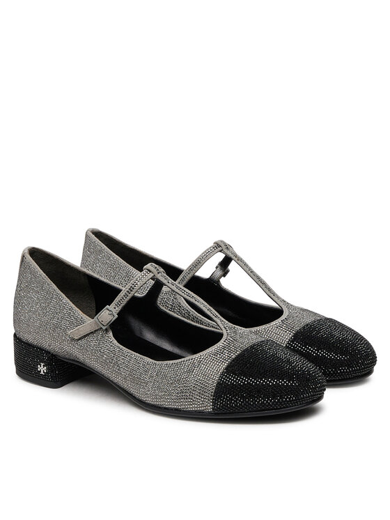 Tory Burch Baleríny Tory Burch Cap-Toe T-Strap Pave Heeled 159830 Strieborná
