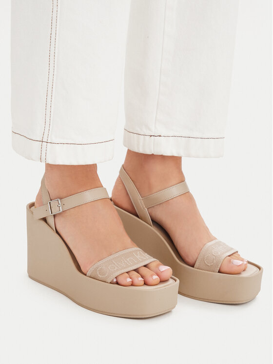 Calvin Klein Sandále Calvin Klein Wedge 70 Sndl Webbing Lth HW0HW02882 Béžová