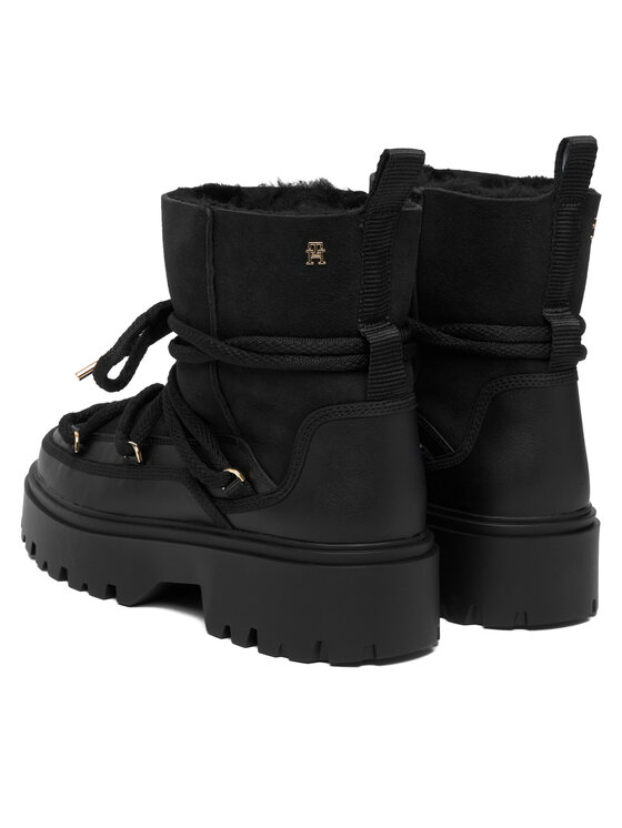 Tommy Hilfiger Škornji za sneg Tommy Hilfiger Real Shearling Laceup Snowboot FW0FW08996 Črna