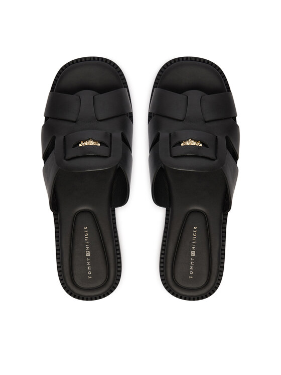 Tommy Hilfiger Klapki Tommy Hilfiger Leather Crest Square Toe Sandals FW0FW09126 Czarny