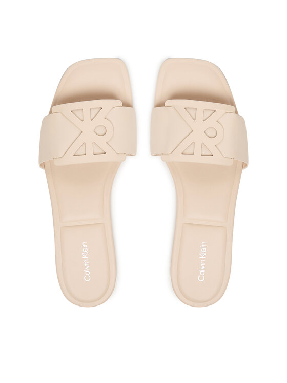 Calvin Klein Şlapi Calvin Klein Square Flat Sandal Emblem HW0HW03128 Écru