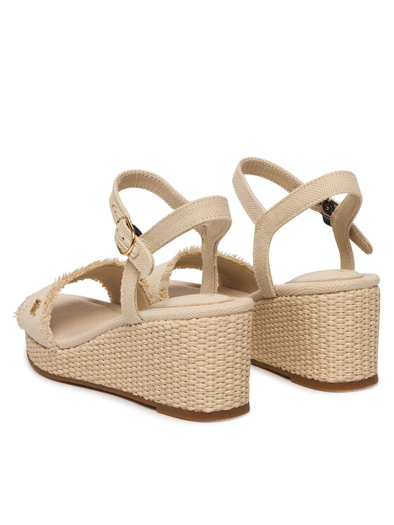 Tommy Hilfiger Sandały Tommy Hilfiger Mid Woven Wedge Espad Fringe FW0FW09470 Beżowy