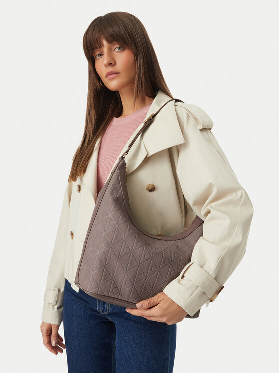 Calvin Klein Дамска чанта Calvin Klein Emblem Aop Sueded M Shoulder Bag LV04F3881G Бежов