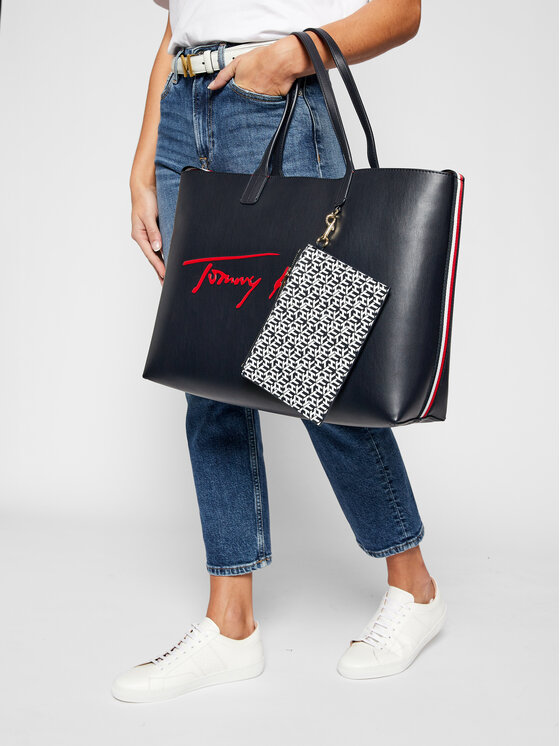 Tommy Hilfiger Τσάντα Tommy Hilfiger Iconic Tommy Tote Signature AW0AW08607 Σκούρο μπλε