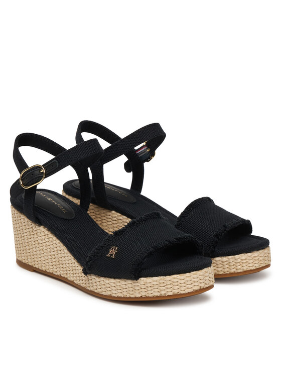 Tommy Hilfiger Sandali Tommy Hilfiger Mid Woven Wedge Espad Fringe FW0FW09470 Črna