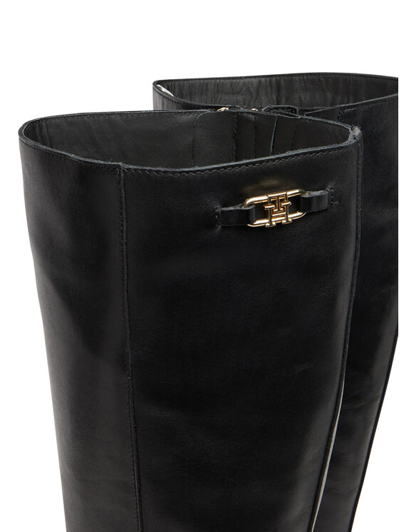 Tommy Hilfiger Kozačky Tommy Hilfiger Stacked Heel Leather Long Boot FW0FW08865 Černá