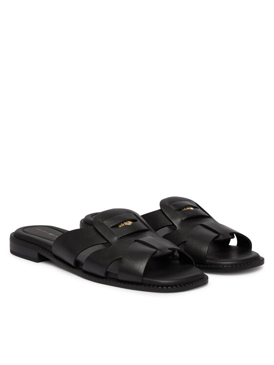Tommy Hilfiger Klapki Tommy Hilfiger Leather Crest Square Toe Sandals FW0FW09126 Czarny