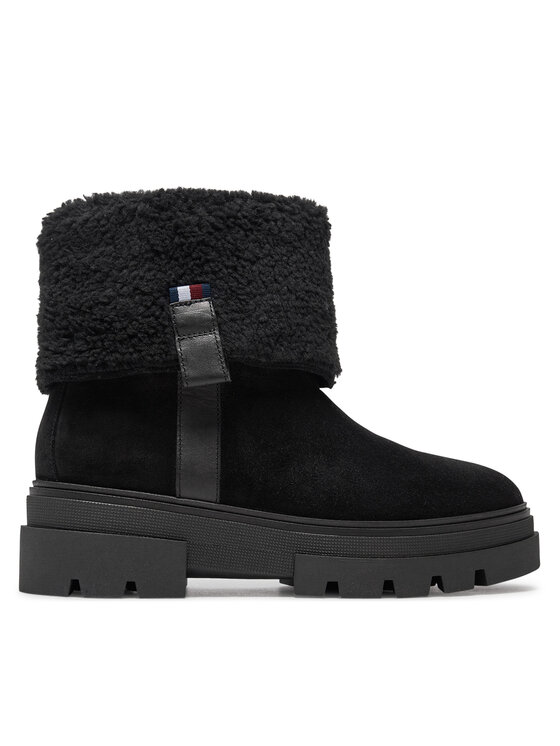 Tommy Hilfiger Škornji Tommy Hilfiger Faux Fur Suede Roll-Down Boot FW0FW08158 Črna