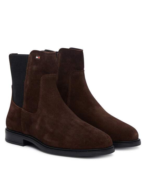 Tommy Hilfiger Kotníková obuv s elastickým prvkem Tommy Hilfiger Enamel Flag Suede Ankle Chelsea FW0FW09575 Hnědá