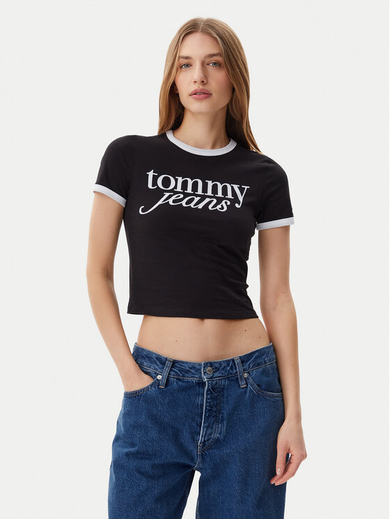 Tommy Jeans Tommy Jeans Póló Script Ringer DW0DW20631 Fekete Slim Fit