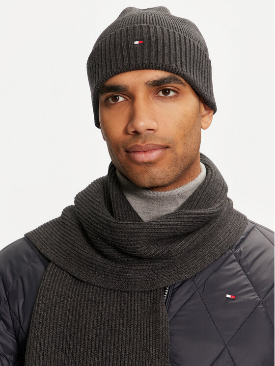 Tommy Hilfiger Комплект шал и шапка Tommy Hilfiger Flag Pima Cotton Beanie & Scarf AM0AM12937 Сив