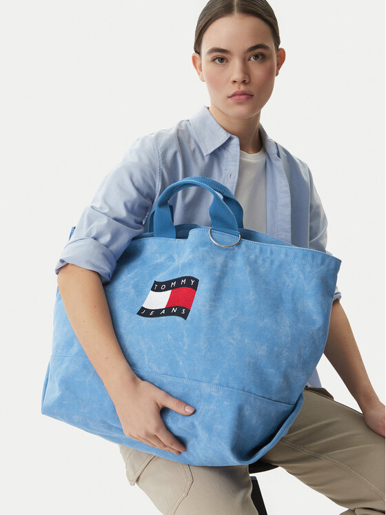 Tommy Jeans Rankinė Tommy Jeans Wavy Flag Canvas Tote Bag AW0AW18466 Mėlyna