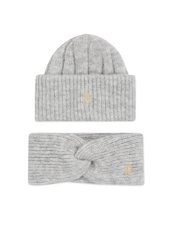 Tommy Hilfiger Sada čepice a čelenka Tommy Hilfiger Th Timeless Beanie + Headband AW0AW15370P4A Šedá