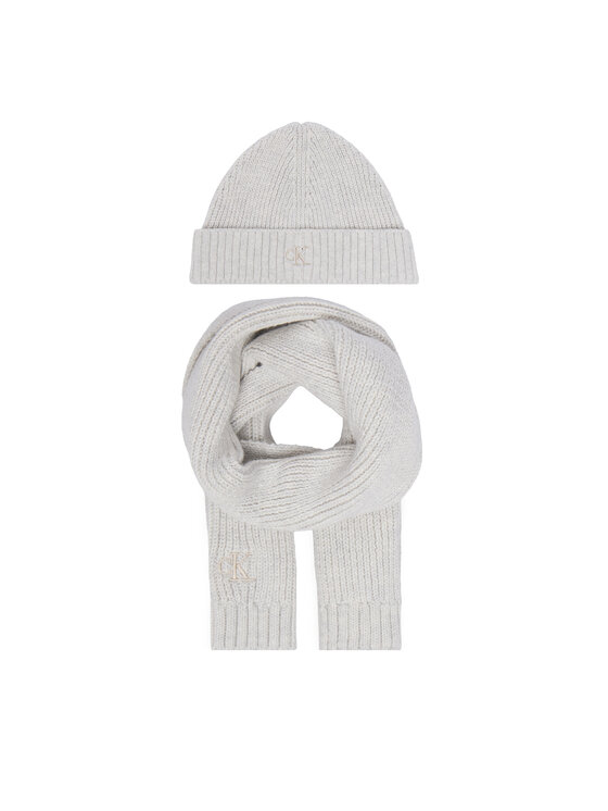 Calvin Klein Jeans Kepurės ir šaliko komplektas Calvin Klein Jeans Knitted Scarf Beanie Giftbox LVCKFJP00N Šviesiai pilka