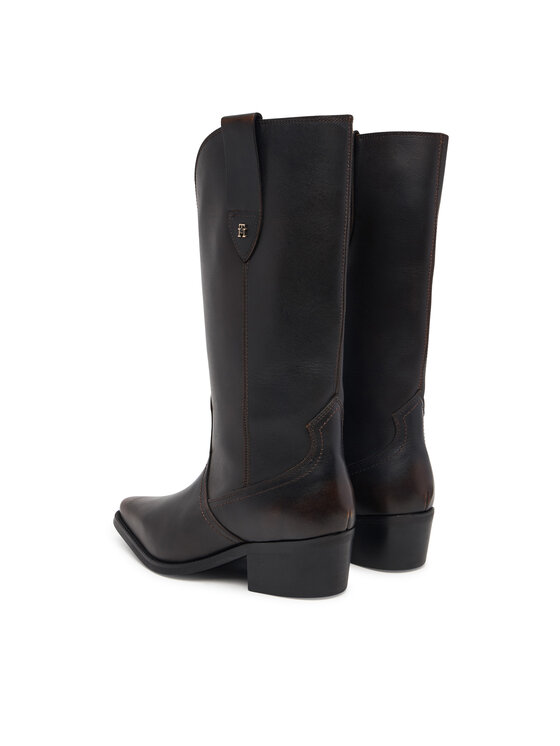 Tommy Hilfiger Čižmy Tommy Hilfiger Leather Mid Calf Western Boot FW0FW09798 Tmavo hnedá