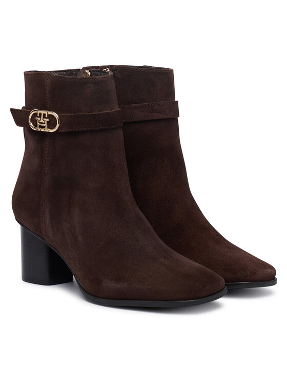 Tommy Hilfiger Polokozačky Tommy Hilfiger Th Strap Suede Block Heel Boot FW0FW09521 Tmavě hnědá