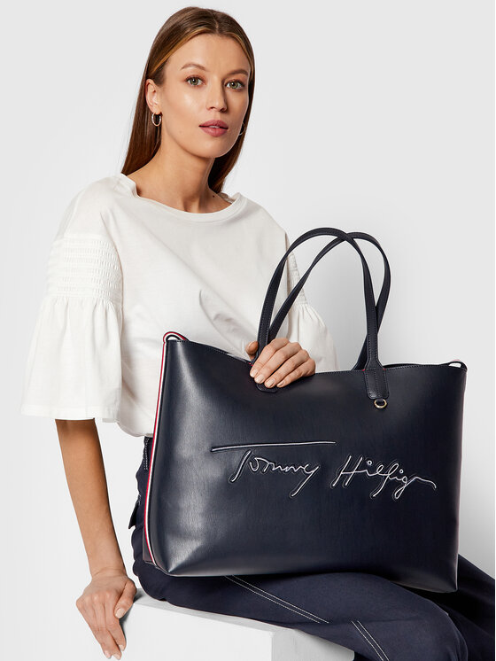 Tommy Hilfiger Geantă Tommy Hilfiger Iconic Tommy Tote Signature AW0AW09707 Bleumarin