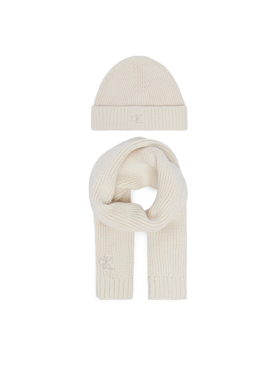 Calvin Klein Jeans Šalles un cepures komplekts Calvin Klein Jeans Knitted Scarf Beanie Giftbox LVCKFJP00N Krēmkrāsas