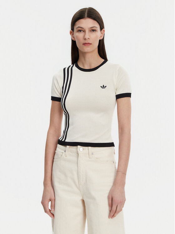 adidas adidas Marškinėliai Knitted 3-Stripes JJ0961 Smėlio Slim Fit