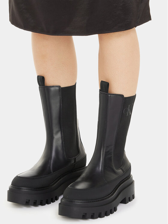 Calvin Klein Jeans Členková obuv s elastickým prvkom Calvin Klein Jeans Flatform Chelsea Boot Lth Wn YW0YW01111 Čierna