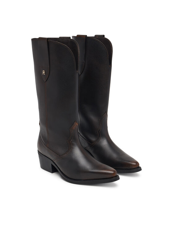 Tommy Hilfiger Čižmy Tommy Hilfiger Leather Mid Calf Western Boot FW0FW09798 Tmavo hnedá