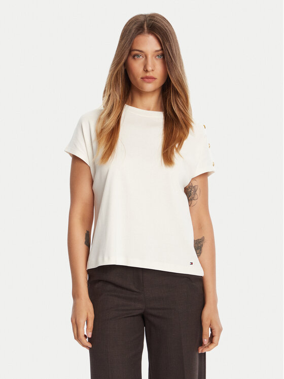 Tommy Hilfiger Tommy Hilfiger Camiseta Gold Button WW0WW47455 Écru Regular Fit