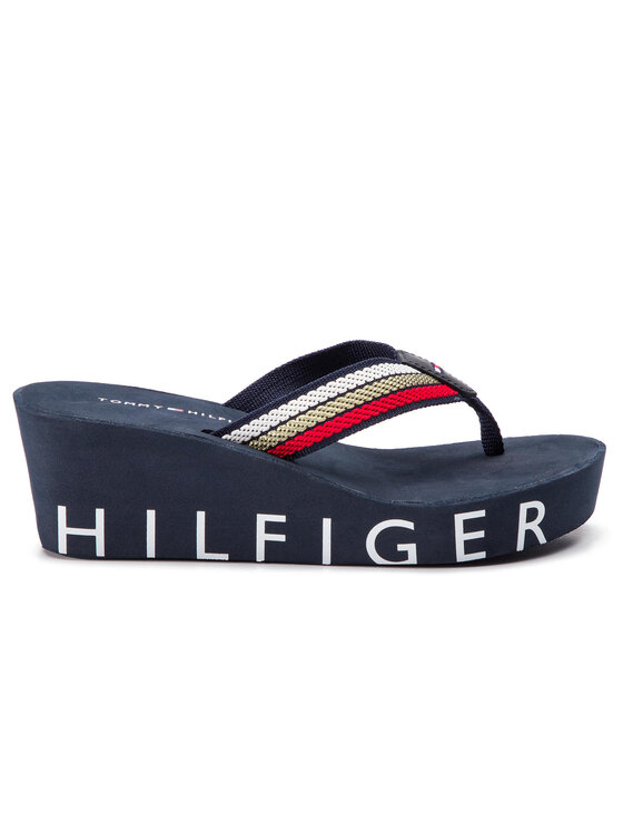 Tommy Hilfiger Čības uz pirksta Tommy Hilfiger Iconic Wedge Beach Sandal FW0FW03866 Tumši zils