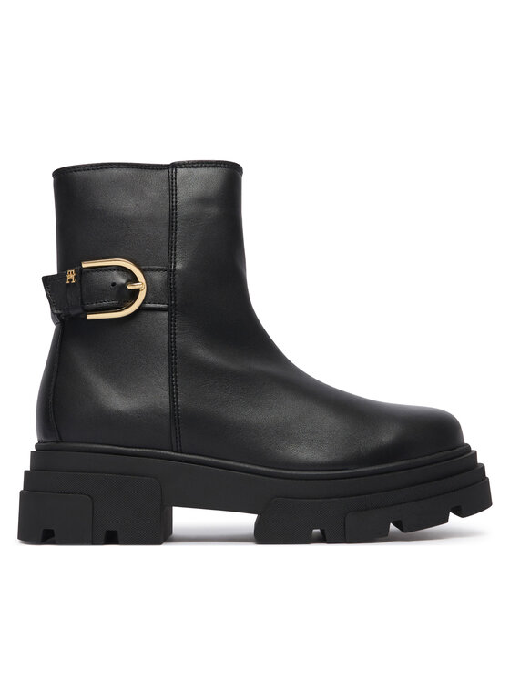 Tommy Hilfiger Čizme Tommy Hilfiger Leather Chunky Th Buckled Boot FW0FW09549 Crna