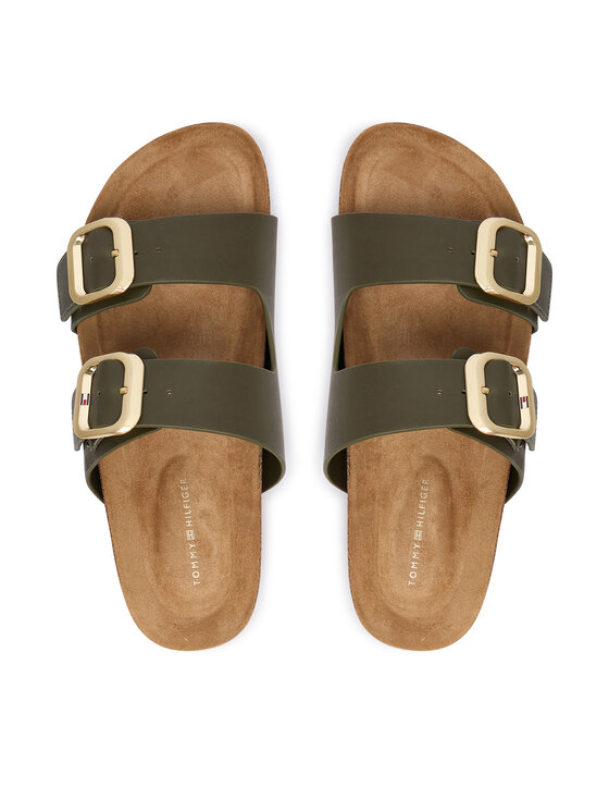 Tommy Hilfiger Papucs Tommy Hilfiger Leather Double Strap Cork Sandals FW0FW09118 Zöld