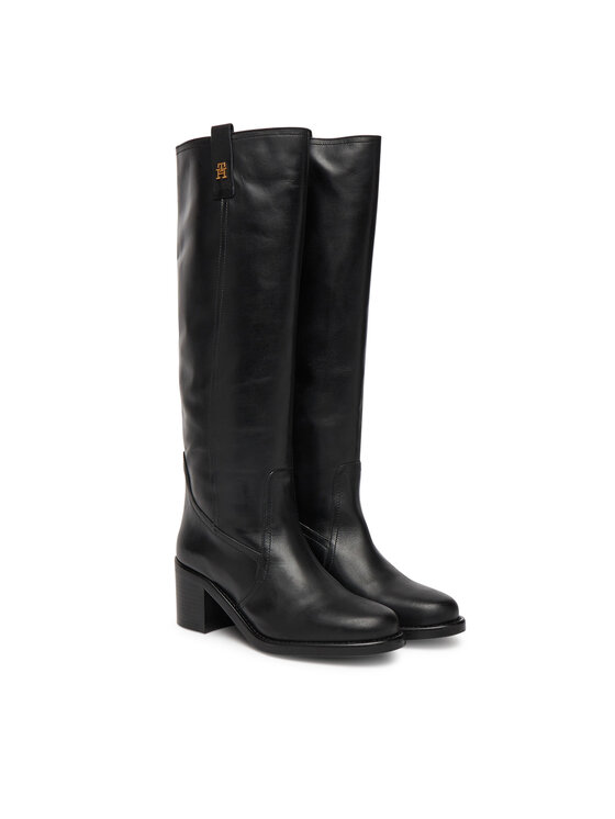 Tommy Hilfiger Kozačky Tommy Hilfiger Riding Lthr Long Boot Block Heel FW0FW08777 Černá