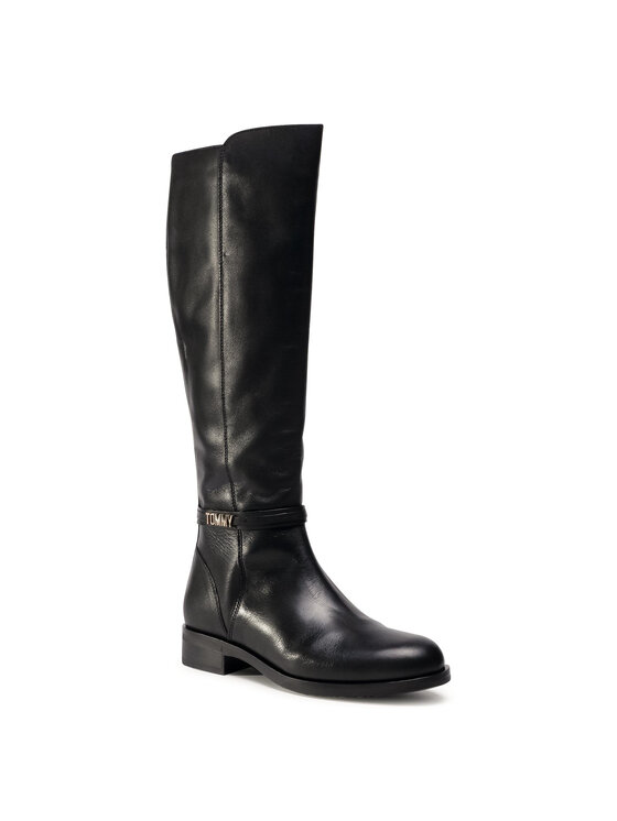 Tommy Hilfiger Cizme lungi riding Tommy Hilfiger Block Branding Flat Long Boot FW0FW05167 Negru