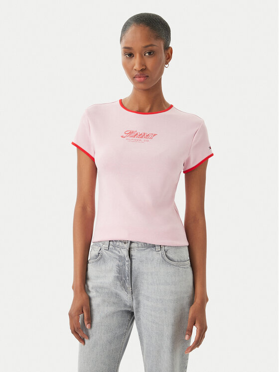 Tommy Hilfiger Tommy Hilfiger Camiseta Logo Graphic Ringer WW0WW49245 Rosa claro Slim Fit