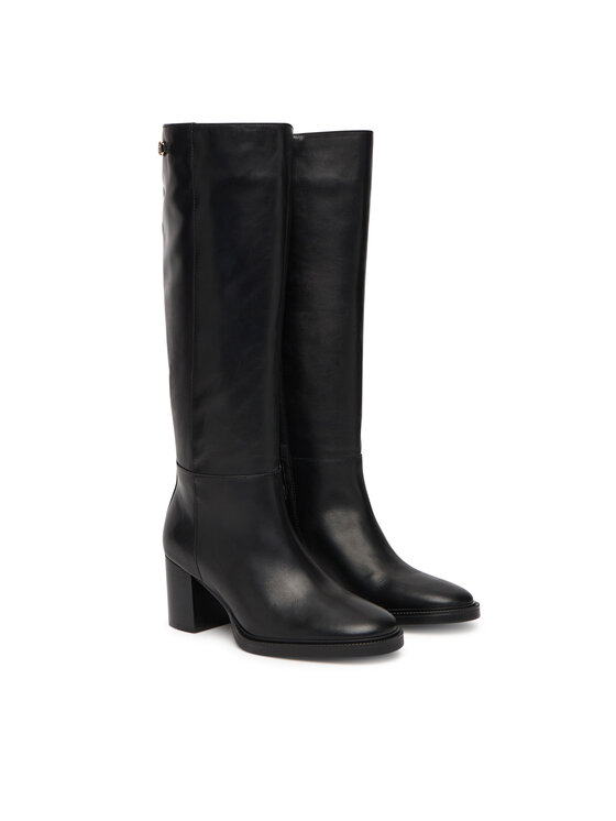 Tommy Hilfiger Kozačky Tommy Hilfiger Stacked Heel Leather Long Boot FW0FW08865 Černá
