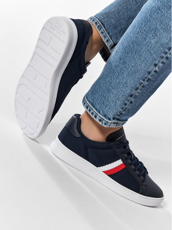 Tommy Hilfiger Sneakersy Tommy Hilfiger Cupsole Court Stripes Knit Mix FM0FM03606 Tmavomodrá