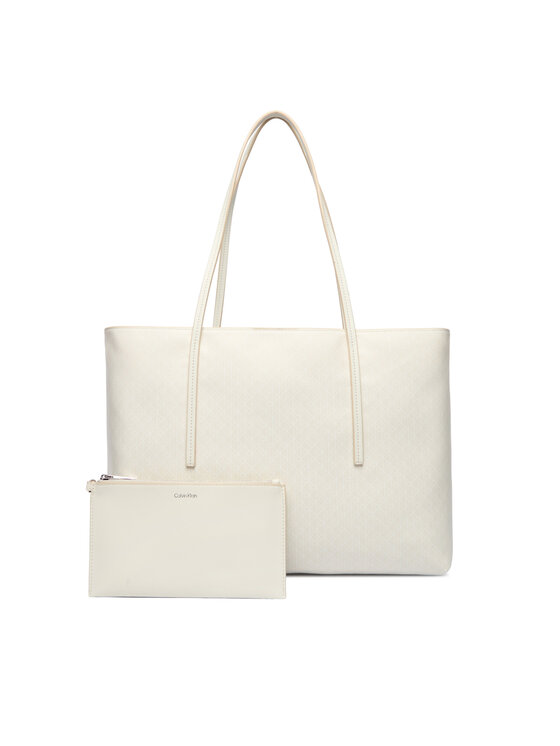 Calvin Klein Ročna torba Calvin Klein Emblem Aop Tote W/ Pouch LV04F3266G Écru