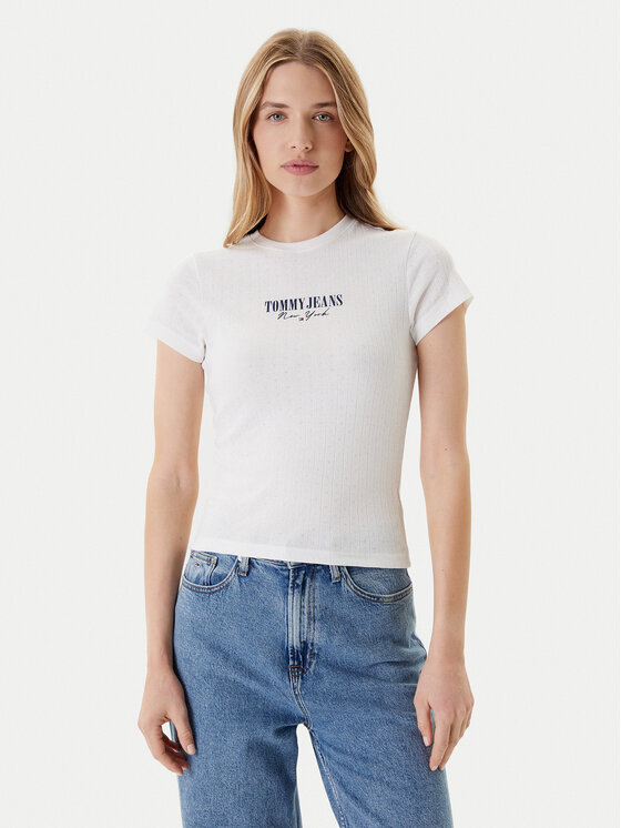 Tommy Jeans Tommy Jeans Majica Logo Pointelle DW0DW20899 Écru Slim Fit