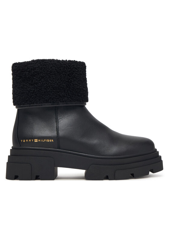 Tommy Hilfiger Polokozačky Tommy Hilfiger Shearling Fold Chunky Ankle Boot FW0FW09677 Černá