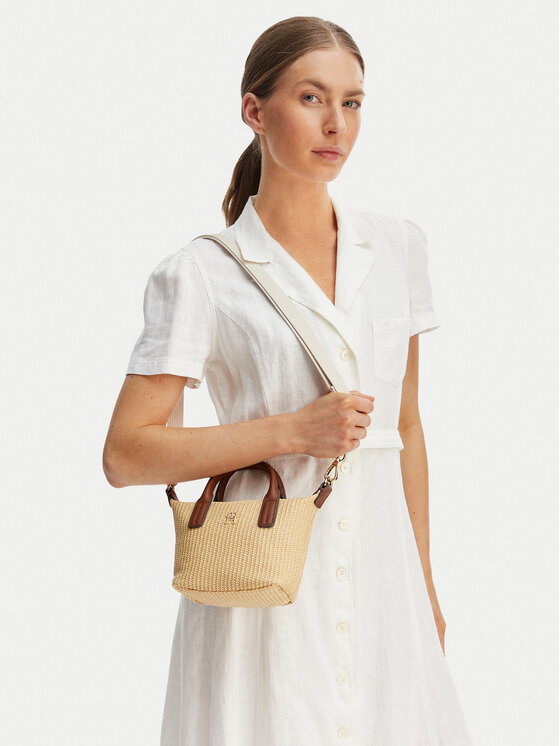 Tommy Hilfiger Borsetta Tommy Hilfiger Popette Micro Tote Raffia AW0AW18526 Beige