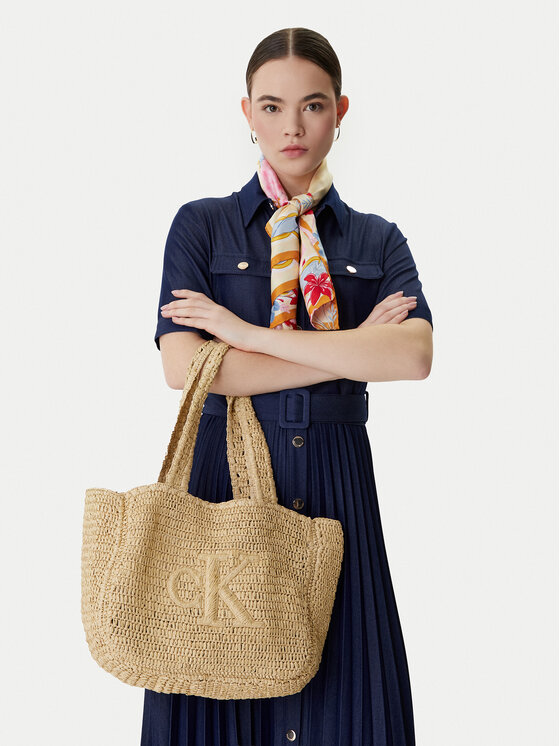 Calvin Klein Torbica Calvin Klein Bold Ck Raffia Medium Tote LV04F3447G Bež