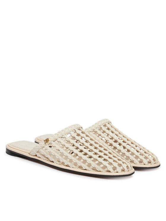 Tommy Hilfiger Klapki Tommy Hilfiger Hilfiger Leather Mix Flat Mule FW0FW09280 Kremowy