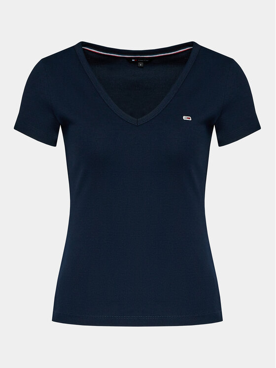 Tommy Jeans Tommy Jeans Majica Tjw Slim Essential Rib V Ss DW0DW17385 Mornarsko modra Slim Fit