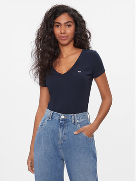Tommy Jeans Tommy Jeans Marškinėliai Tjw Slim Essential Rib V Ss DW0DW17385 Tamsiai mėlyna Slim Fit
