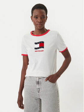 Tommy Jeans Tommy Jeans Camiseta Wavy Flag Contrast Ringer DW0DW22306 Blanco Regular Fit