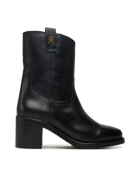 Tommy Hilfiger Polokozačky Tommy Hilfiger Riding Lthr Mid Boot Block Heel FW0FW08776 Černá